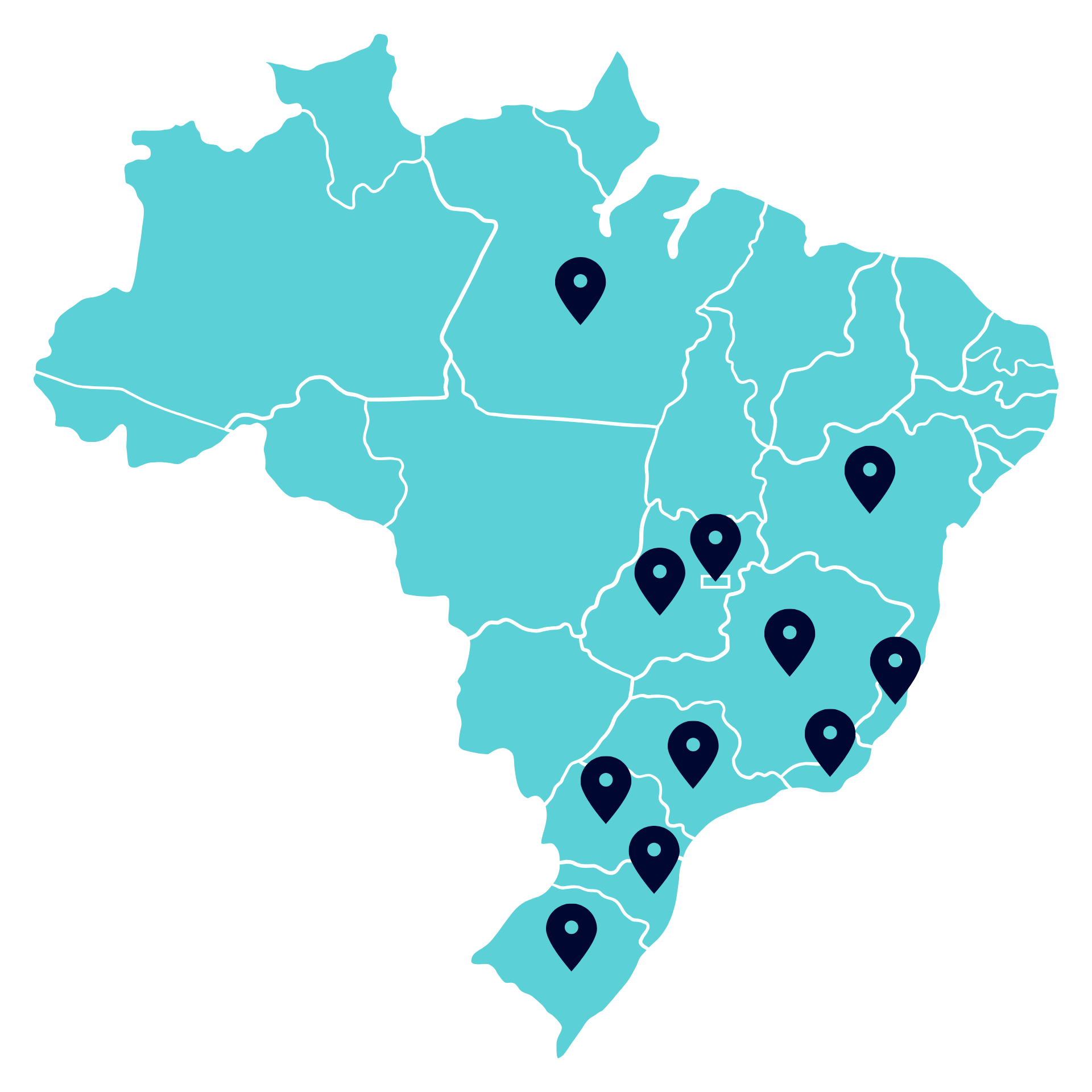 Mapa do Brasil com os estados atendidos pela Couto Saúde Ambiental: Pará, Bahia, Distrito Federal, Goiás, Minas Gerais, Espírito Santo, Rio de Janeiro, São Paulo, Paraná, Santa Catarina e Rio Grande do Sul